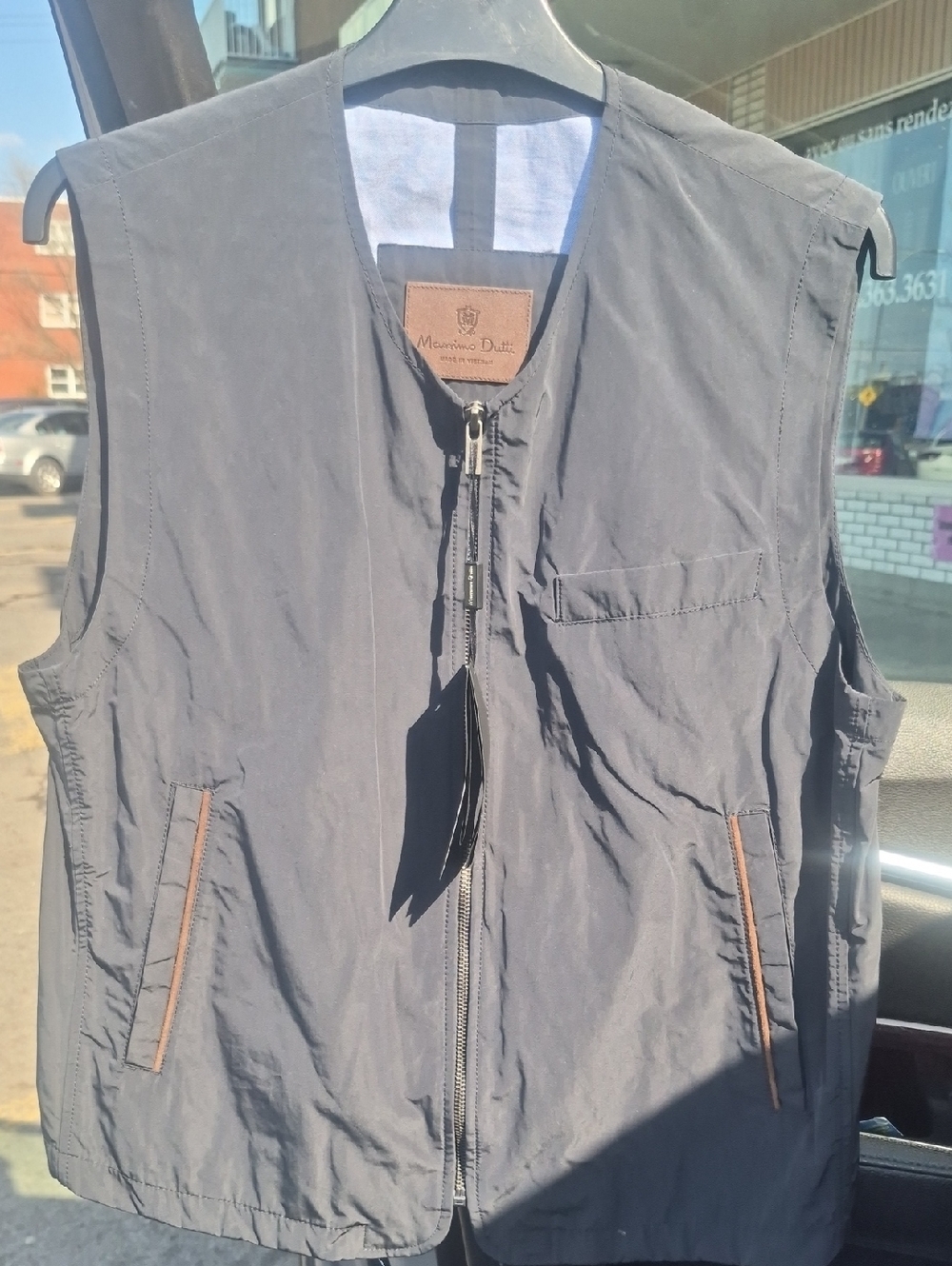 Massimo Dutti Men's Dark Blue Zip Vest with Brown Trim